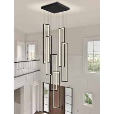 Imagem de Lustre moderno de 6 anéis LED preto, grande, retangular, para escadas, com intensidade regulável, para tetos altos, com controle remoto, ideal para iluminação de tetos em hotéis, restaurante
