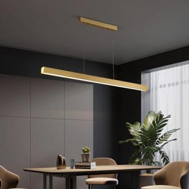 Imagem de Luminária pendente LED regulável com controle remoto para sala de jantar, mesa de jantar, design moderno e retangular, ideal para bar, escritório, loja e sala de estudos (dourada, 100 cm de