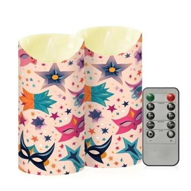 Imagem de Wassud Pacote com 2 máscaras coloridas Mardi Gras velas sem chama com controle remoto, velas realistas cintilantes com temporizador, velas decorativas para Natal, casamento, festa, decoração de casa