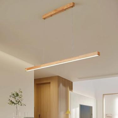 Imagem de Luminária pendente de madeira com LED para sala de jantar, luminária suspensa com intensidade regulável e controle remoto para cozinha, escritório ou bar. Design moderno, altura ajustável, 3
