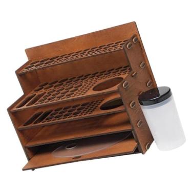 Imagem de MotiveTech Suporte de mesa para pincéis de pintura, organizador com porta-pincéis e copo de limpeza. Suporte de madeira para armazenamento de pincéis de pintura