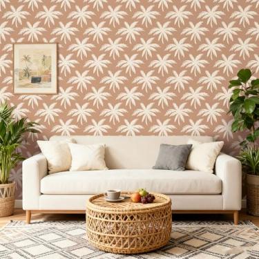Imagem de ICOOP Papel de parede tropical terracota palmeira praia costeira boho neutro marrom palmeira papel de contato descascar e colar papel de parede marrom laranja praia para banheiro quarto berçário 44,5