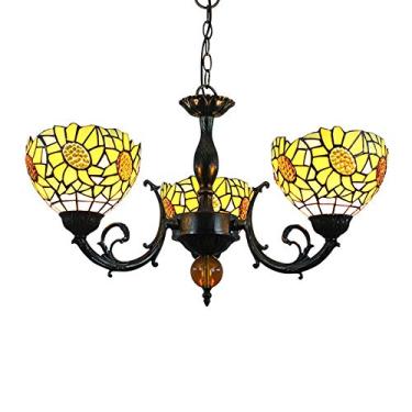 Imagem de Lustre Tiffany com suporte, estilo Tiffany, vitral, cúpulas amarelas em formato de girassol, lustre de 3 braços, luminária pendente invertida para teto.