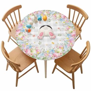 Imagem de Singingin Toalha de mesa redonda de Páscoa com borda elástica, cauda de coelho, flores silvestres, colorido, ovo, cinza, xadrez, à prova d'água, à prova de óleo, para festas, piqueniques, mesas