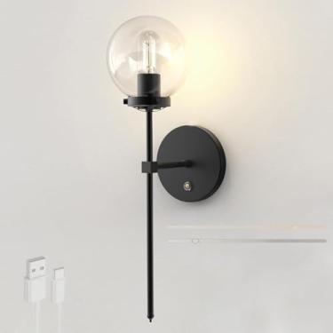 Imagem de GZZBMY Lâmpada de parede LED bateria sem fio preto metal iluminação de parede interruptor de toque regulável luzes de parede de vidro sombra para sala de estar escada quarto mesa de cabeceira (B,1