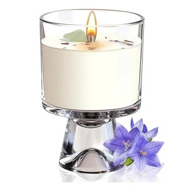 Imagem de Vela de soja rosa e cristal | Vela perfumada romântica com tempo de queima de 48 horas, natural e não tóxica | Presente perfeito de aniversário, dia dos namorados para ela (fragrância Bluebell)