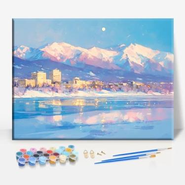 Imagem de HUINORYA Downtown Anchorage Alaska Tela emoldurada DIY Kit de pintura por números bar café caverna sala de casa parede banheiro varanda pátio decoração presente, 40,6 x 30,5 cm