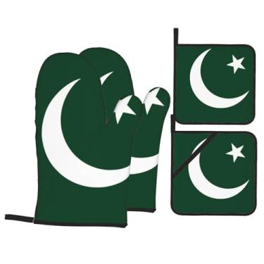 Imagem de Conjunto de luvas de forno estampadas Bandeira do Paquistão, conjunto de 4 peças adequado para grelhar, cozinhar e assar