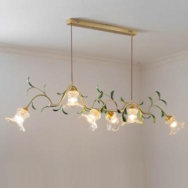 Imagem de Lustre linear moderno, luminárias pendentes criativas de vidro, lustre dourado com cúpula de vidro em formato de flor, luminária para sala de jantar, sala de estar e iluminação para ilha de