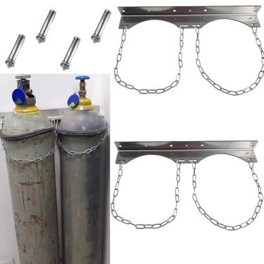 Imagem de Suporte de cilindro de gás de aço inoxidável (pacote com 2) - Rack de armazenamento vertical para tanques de argônio com furos pré-perfurados, ideal para clínicas, laboratórios, casas de repouso