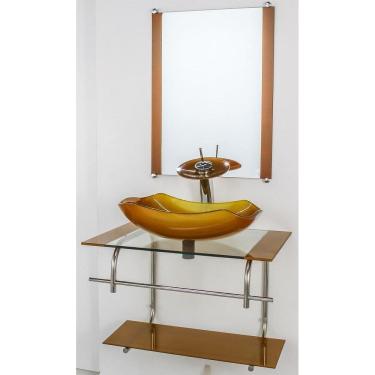 Imagem de Gabinete De Vidro P/Banheiro Inox 70Cm Cuba Abaulada Dourado
