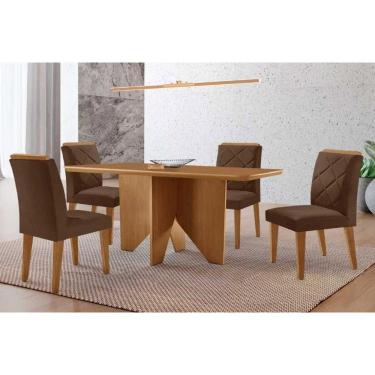 Imagem de Conjunto: Mesa Sala Jantar Nevada Tampo Curvo 120cm+4 Cadeiras Pietá Madeira Naturale - Capuccino/Suede Marrom - Rufato