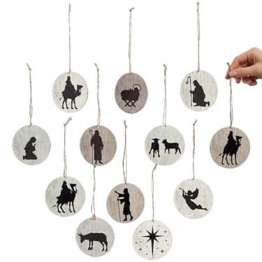Imagem de Ornamentos de Natal de madeira com silhueta de personagem de presépio religioso, 12 peças