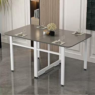 Imagem de Mesa de jantar de folha larga, mesa de jantar dobrável moderna e mesa de cozinha expansível, mesa de cozinha dobrável para apartamentos pequenos (cor: cinza escuro + moldura branca, tamanho: 120 cm)