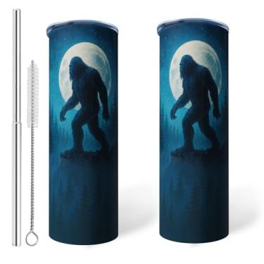 Imagem de Copo de pé grande com alça caneca de viagem Sasquatch xícara de café pé grande garrafa de aço inoxidável presentes para homens mulheres impressão engraçada de vidro de pé grande (azul, 590 g)