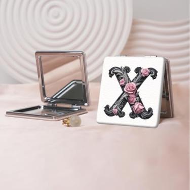 Imagem de Espelho de maquiagem portátil de couro PU retrô europeu com letras florais, mini espelho dobrável de mão dupla face, quadrado para retoque, presente ideal para todas as ocasiões