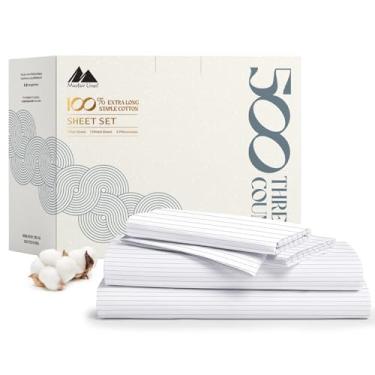 Imagem de Mayfair Linen Jogo de lençóis Queen Size 100% algodão estampado – lençóis de algodão 500 fios para cama queen size, conjunto de 4 peças (riscas cinza claro) macio, refrescante, tecido de cetim 40,6 cm