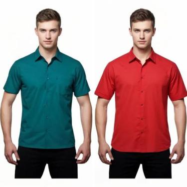 Imagem de Kit 2 Camisas Sociais Microleve Manga Curta cor:Verde Escuro,VermelhoT