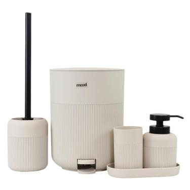 Imagem de Kit Banheiro 5 Peça Lixeira Dispenser Sabonete Porta Escova Dente Escova Sanitária Bandeja Cor Cinza