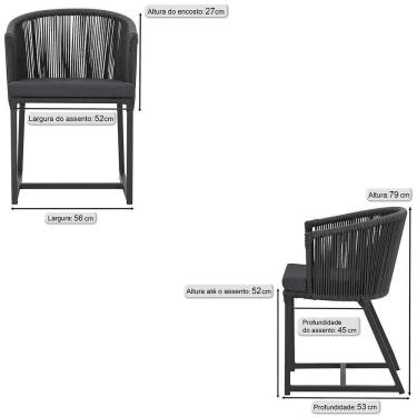 Imagem de 3 Cadeiras De Jantar Noronha Preta Corda Náutica E11 Trama Preto