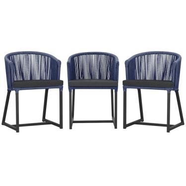 Imagem de 3 Cadeiras De Jantar Noronha Preta Corda Náutica E11 Trama Azul