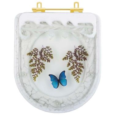 Imagem de Assento Sanitario Poliester Decorado Borboleta Azul Carrara Para Vaso Deca Com Ferragem Dourada