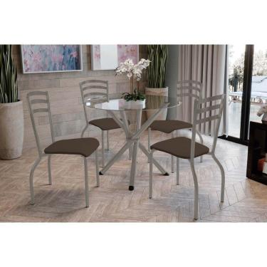 Imagem de Conjunto: Mesa Sala Jantar Volga C- Tampo De Vidro 95cm E 4 Cadeiras Portugal Niquel - Courano Marrom - Kappesberg