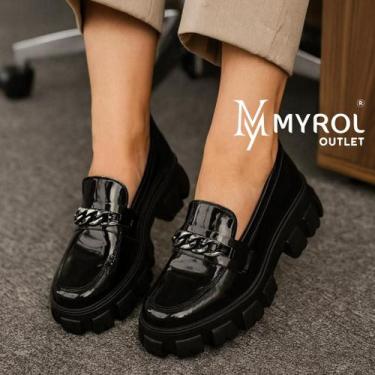 Imagem de Sapato Tratorado Mocassim Slip On com Correntes Casual Preto Verniz - 