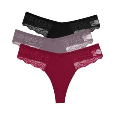 Imagem de Conjunto De Calcinhas G-string De Algodão Com Renda Para Mulheres 3PCS