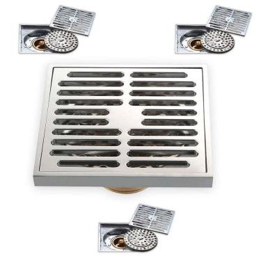 Imagem de Ralo 10x10 Inox Kit 3 Uni Banheiro Anti Inseto Anti Odor Casa Quintal Lavabo Rapido Escoamento Resistente