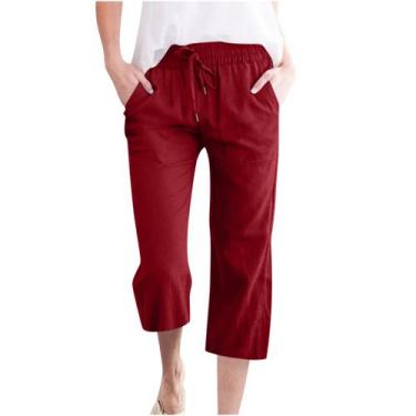 Imagem de Calças Capris femininas, linho, verão, soltas, com cordão, cintura ver