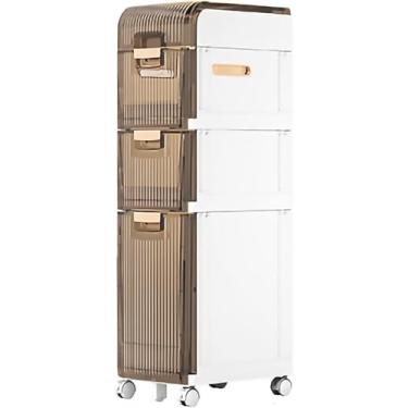 Imagem de Armário de armazenamento de plástico para banheiro, armário de armazenamento estreito de papel higiênico, torre de armazenamento lateral à prova d'água com gavetas e rodas de travamento para