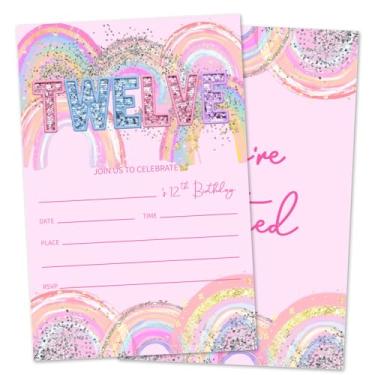 Imagem de Zwsrplo Convites de aniversário de 12 anos de arco-íris para meninas, convites de festa de doze anos com glitter, convites de 12 anos com envelopes para celebração de decorações de festa infantil (20