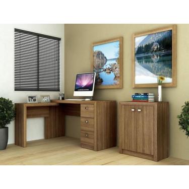 Imagem de Escrivaninha Mesa Escritório em L com Me4101 3 Gavetas 136cm Amendoa -