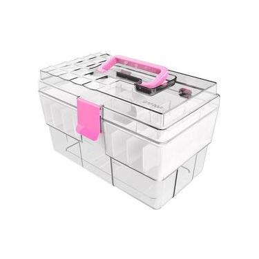 Imagem de Maleta Organizadora Crippa Multiuso Maquiagem Acessórios Remédios Transparente e Rosa