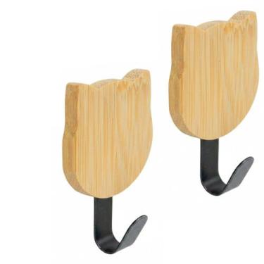 Imagem de 2 Ganchos Adesivo de Parede Gato Gatinho em Bambu e Metal - HomeArt