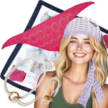 Imagem de Kit 2 Lenços Crochê Cintura Bandana Cor Sortida + 1 Lenço Cetim 90x90 