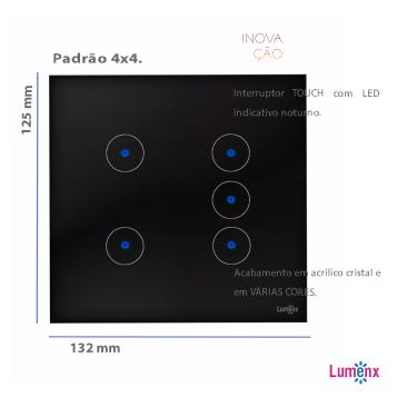 Imagem de Interruptor De Luz Touch Tok Glass 5 Botões Preto Lumenx