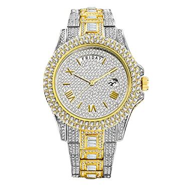 Imagem de ICEDIAMOND Relógio masculino de quartzo com calendário duplo de 43 mm, mostrador redondo banhado a ouro com data e exibição semanal, pulseira de diamantes simulados, Misto, Tendência