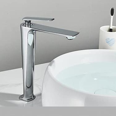 Imagem de Torneira de pia de latão de bacia alta preta, torneira misturadora de banheiro, alça única, água fria quente, montagem em deck, torneira de pia de vaidade, cromada, alta, China