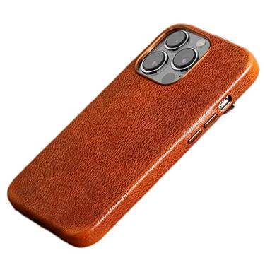 Imagem de Capa de couro real para iPhone 13/13 Pro/13 Pro Max, suporte de bobina de carregamento magnética, capa de telefone à prova de choque de couro genuíno, marrom, 13 Pro 15,1 cm