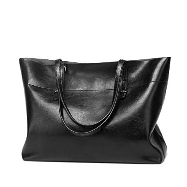 Imagem de ANNI RIEL Bolsa feminina clássica de couro genuíno para mulheres, bolsa de ombro de grande capacidade, bolsa de mão com zíper, Preto, Large