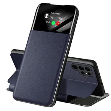 Imagem de zhouye Capa de couro para Samsung Galaxy S22/S22 Plus/S22 Ultra, S-View Flip Cover Tap Control Smart Wake-Up Magnetic Book Folio Kickstand Capa de telefone protetora (Cor: Azul, Tamanho: S22 Ultra 6,8")