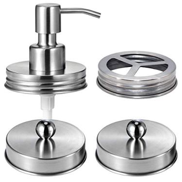 Imagem de Conjunto de tampas de banheiro Mason Jar (4 peças) - potes não incluídos - dispensador de sabonete, suporte de escova de dentes e potes de armazenamento de boticário para frascos maçônicos de boca regular - decoração rústica de fazenda, níquel escovado