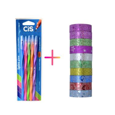 Imagem de Kit Escolar 5 Caneta Spiro Glow Coloridas 0.7mm 10 Fita Adesiva Decorativa Para Caderno - Cis