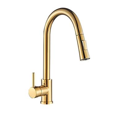 Imagem de Torneira de cozinha preta fosca Torneira de pia de cozinha removível Torneira de alça única Torneira de cozinha giratória de 360 graus, dourada