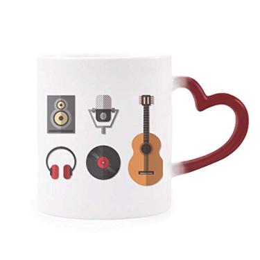 Imagem de Fone de ouvido de violão com estampa de música e microfone de CD, caneca de coração vermelha sensível ao calor