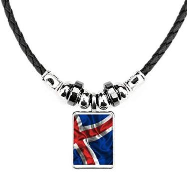Imagem de DIYthinker Colar com textura de seda Islândia com estampa de bandeira abstrata joia com pingente de corda de couro