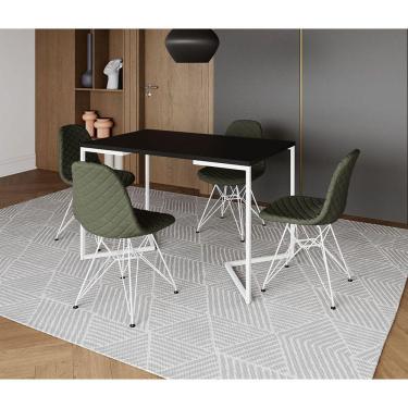 Imagem de Mesa Jantar Industrial Retangular Base V 120x75cm Preta com 4 Cadeiras Estofadas Verdes Aço Branco