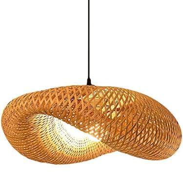 Imagem de NICBEL Luminária pendente de bambu para ilha de cozinha, moderna luz pendente de vime torcida de bambu retrô lustre industrial lâmpada pendente de sala de jantar em bege 1 luz olá